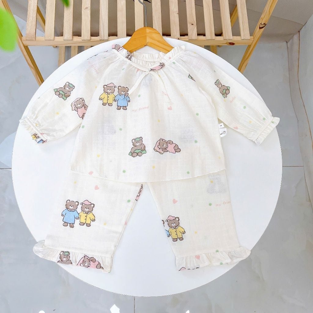  Bộ dài tay bé gái xô cotton Lá Homewear A313, pijama trẻ em gái mặc ngủ thoáng mát babydoll cổ chun dễ thương 