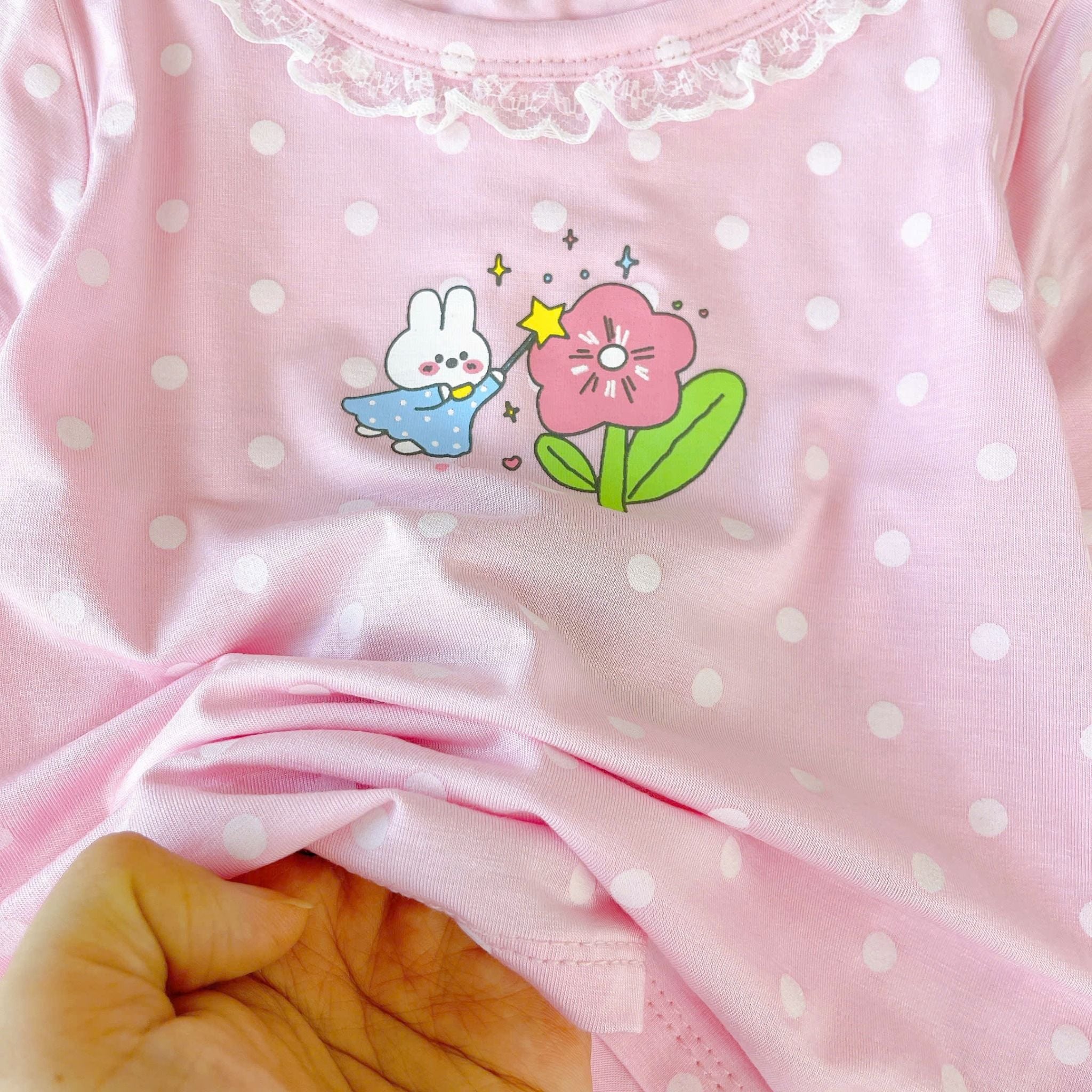  Đồ dài tay bé gái 95% sợi sồi Modal Ice Cool Lá Homewear A281, đồ ngủ cho bé mềm mướt mát lạnh viền ren chấm bi 