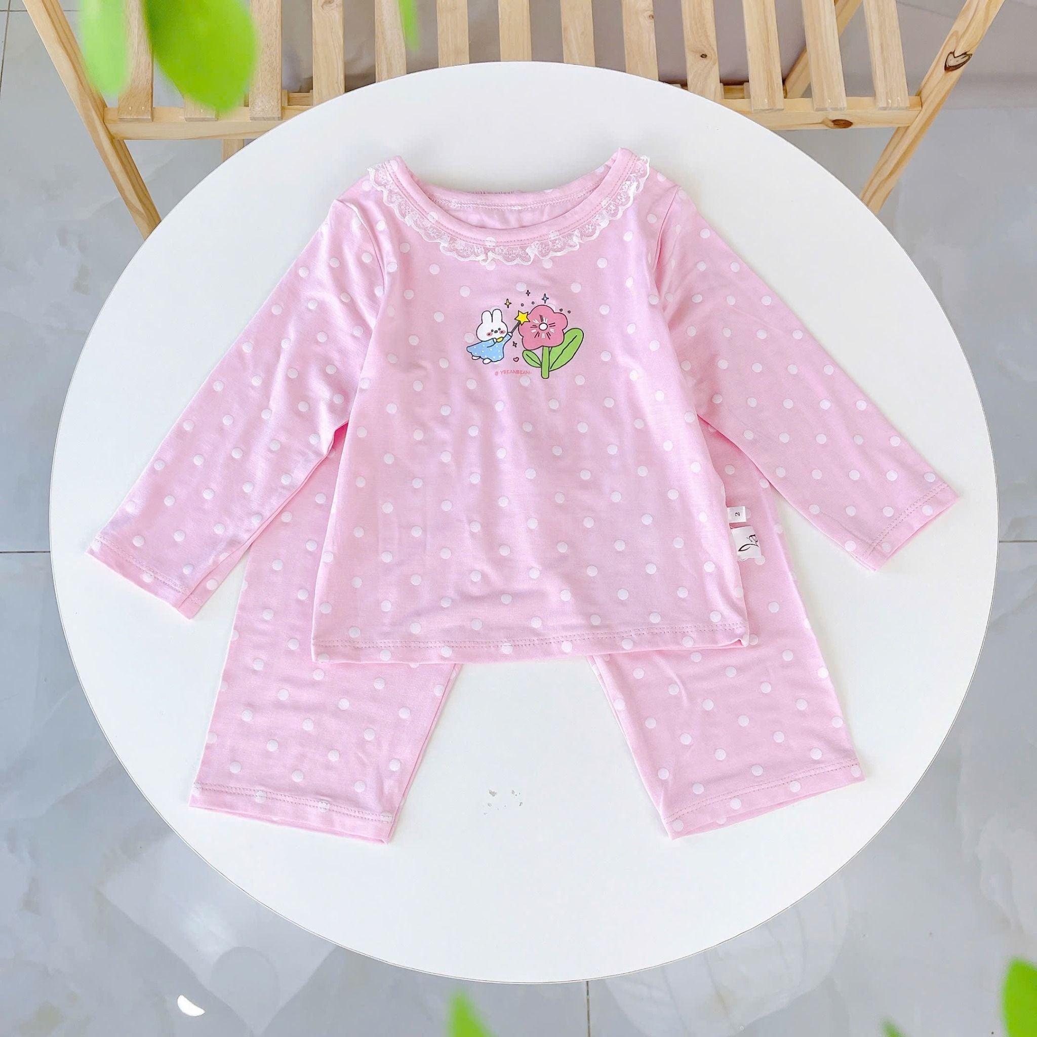  Đồ dài tay bé gái 95% sợi sồi Modal Ice Cool Lá Homewear A281, đồ ngủ cho bé mềm mướt mát lạnh viền ren chấm bi 