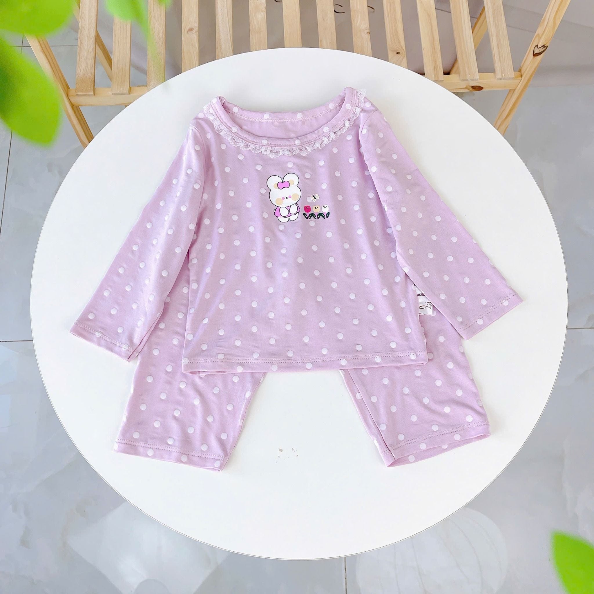  Đồ dài tay bé gái 95% sợi sồi Modal Ice Cool Lá Homewear A281, đồ ngủ cho bé mềm mướt mát lạnh viền ren chấm bi 