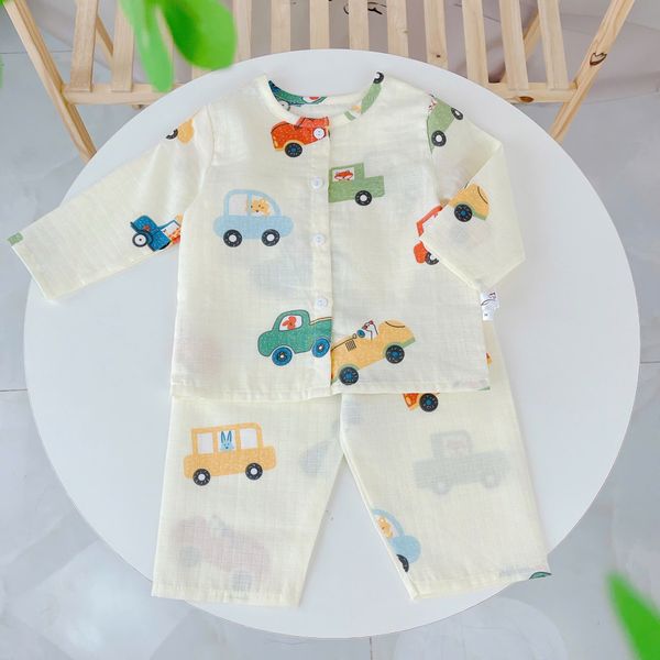  Pijama cho bé trai, bé gái vải  xô cotton Áo Lá Homewear A219, đồ bộ dài tay cho bé mát bốn mùa cổ tròn cài nút 