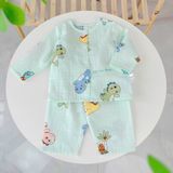  Pijama cho bé trai, bé gái vải  xô cotton Áo Lá Homewear A219, đồ bộ dài tay cho bé mát bốn mùa cổ tròn cài nút 