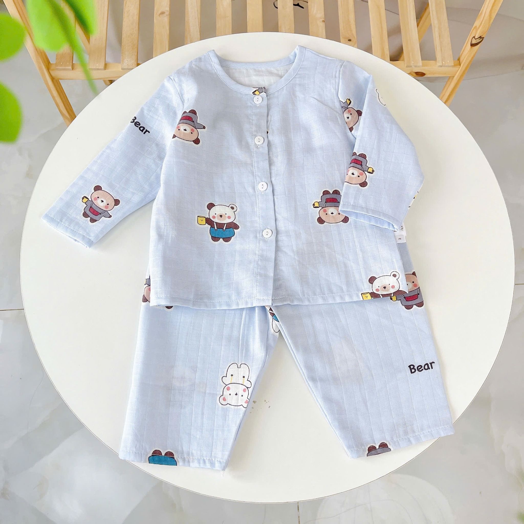 Pijama cho bé trai, bé gái vải  xô cotton Áo Lá Homewear A219, đồ bộ dài tay cho bé mát bốn mùa cổ tròn cài nút 