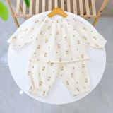  Pijama cho bé gái Lá Homewear A299 xô muslin nhẹ mát, đồ bộ dài tay cho bé cổ chun đính nơ xinh xắn 