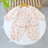  Pijama cho bé gái Lá Homewear A299 xô muslin nhẹ mát, đồ bộ dài tay cho bé cổ chun đính nơ xinh xắn 