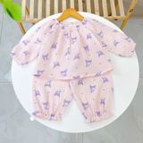  Pijama cho bé gái Lá Homewear A299 xô muslin nhẹ mát, đồ bộ dài tay cho bé cổ chun đính nơ xinh xắn 