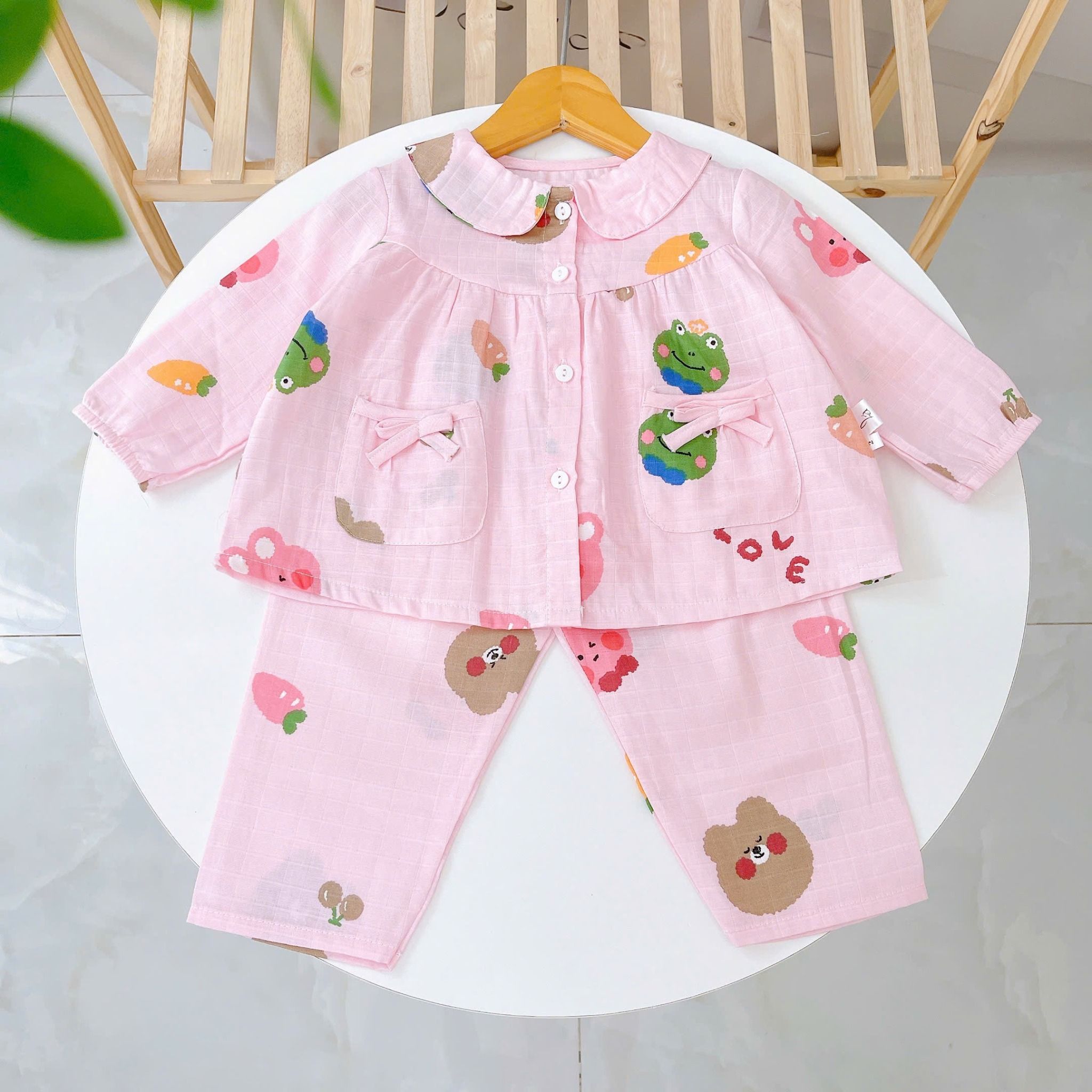  Pijama cho bé gái dài tay xô cotton Áo Lá Homewear A166, bộ dài tay bé gái babydoll mặc ngủ vải xô đũi mát bốn mùa 