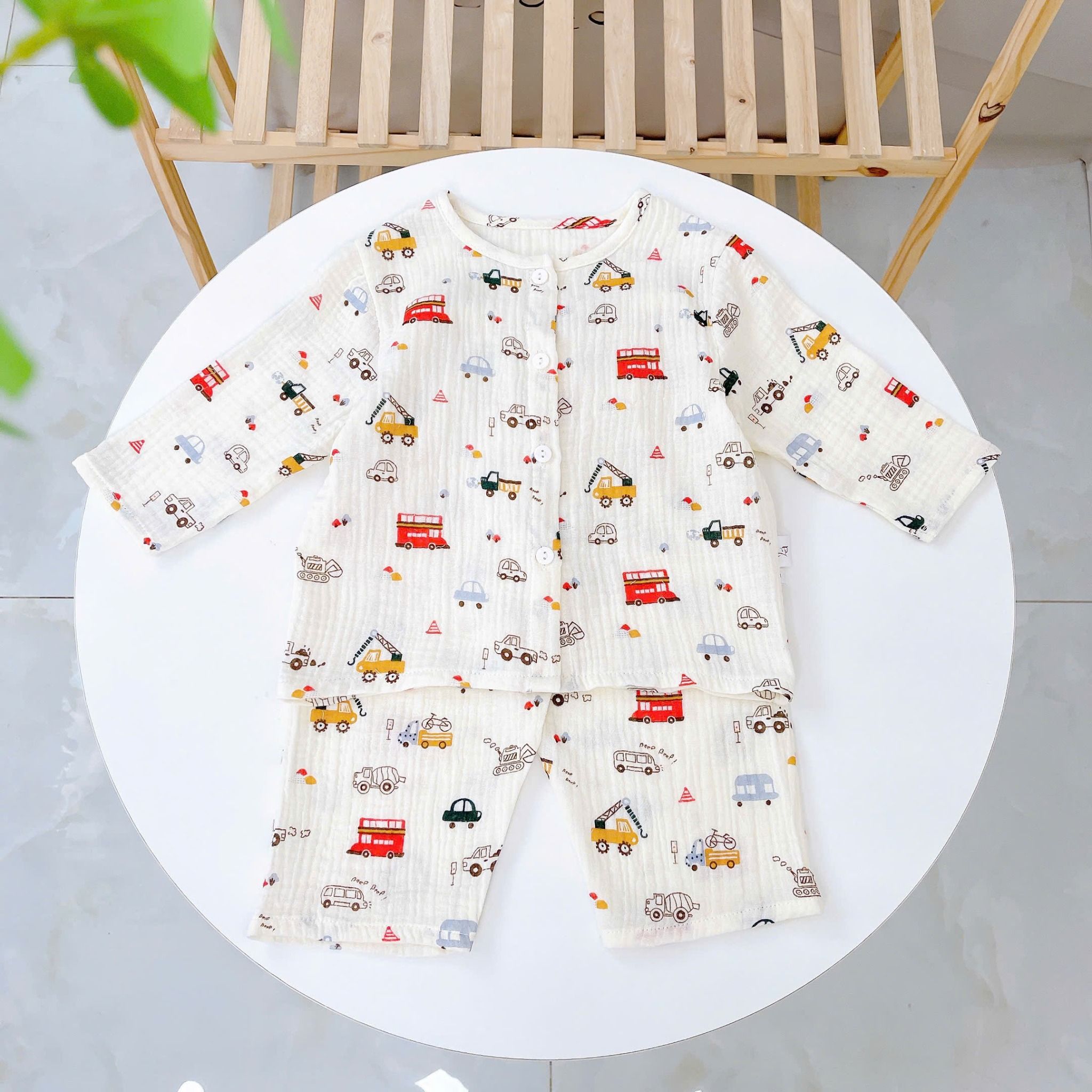  Pijama bé trai bé gái tay dài xô muslin Áo Lá Homewear A109, đồ ngủ bé trai xô đũi cổ tròn caro hình thú 