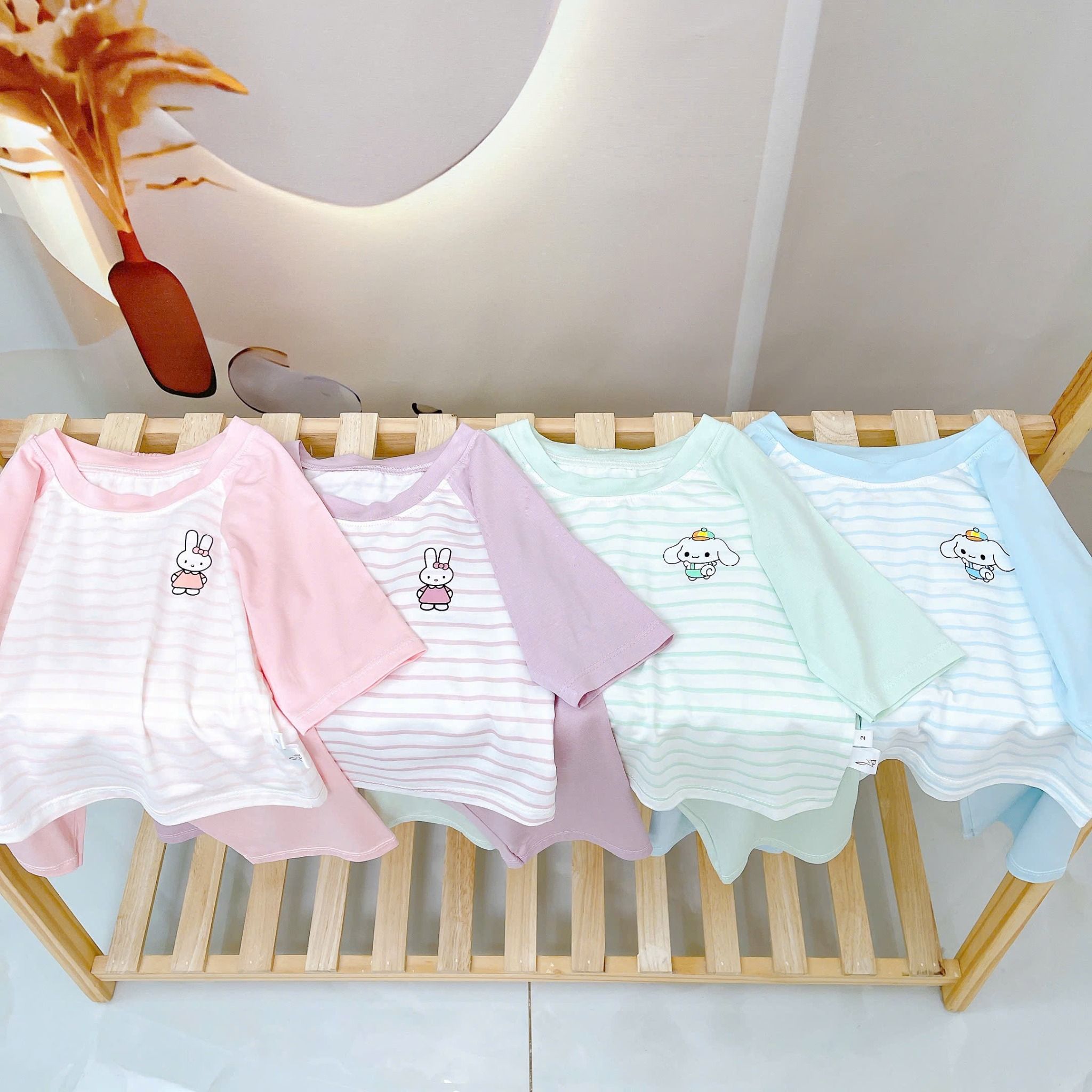  Đồ bộ ngủ cho bé 95% sợi sồi Modal Ice Cool Áo Lá Homewear A322, tay lỡ quần dài họa tiết sọc ngang in hình dễ thương 