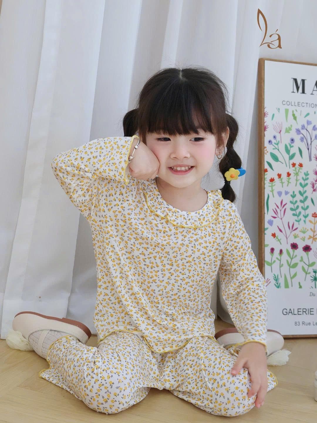  Đồ dài tay bé gái 95% sợi sồi Modal Ice Cool Lá Homewear A321, pijama cho bé hoa nhí cổ bèo xinh xắn 