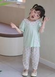  Bộ tay ngắn quần dài cho bé gái 95% sợi sồi Modal Ice Cool Lá Homewear A332, đồ ngủ cộc tay hoa nhí dễ thương 