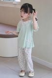  Bộ tay ngắn quần dài cho bé gái 95% sợi sồi Modal Ice Cool Lá Homewear A332, đồ ngủ cộc tay hoa nhí dễ thương 