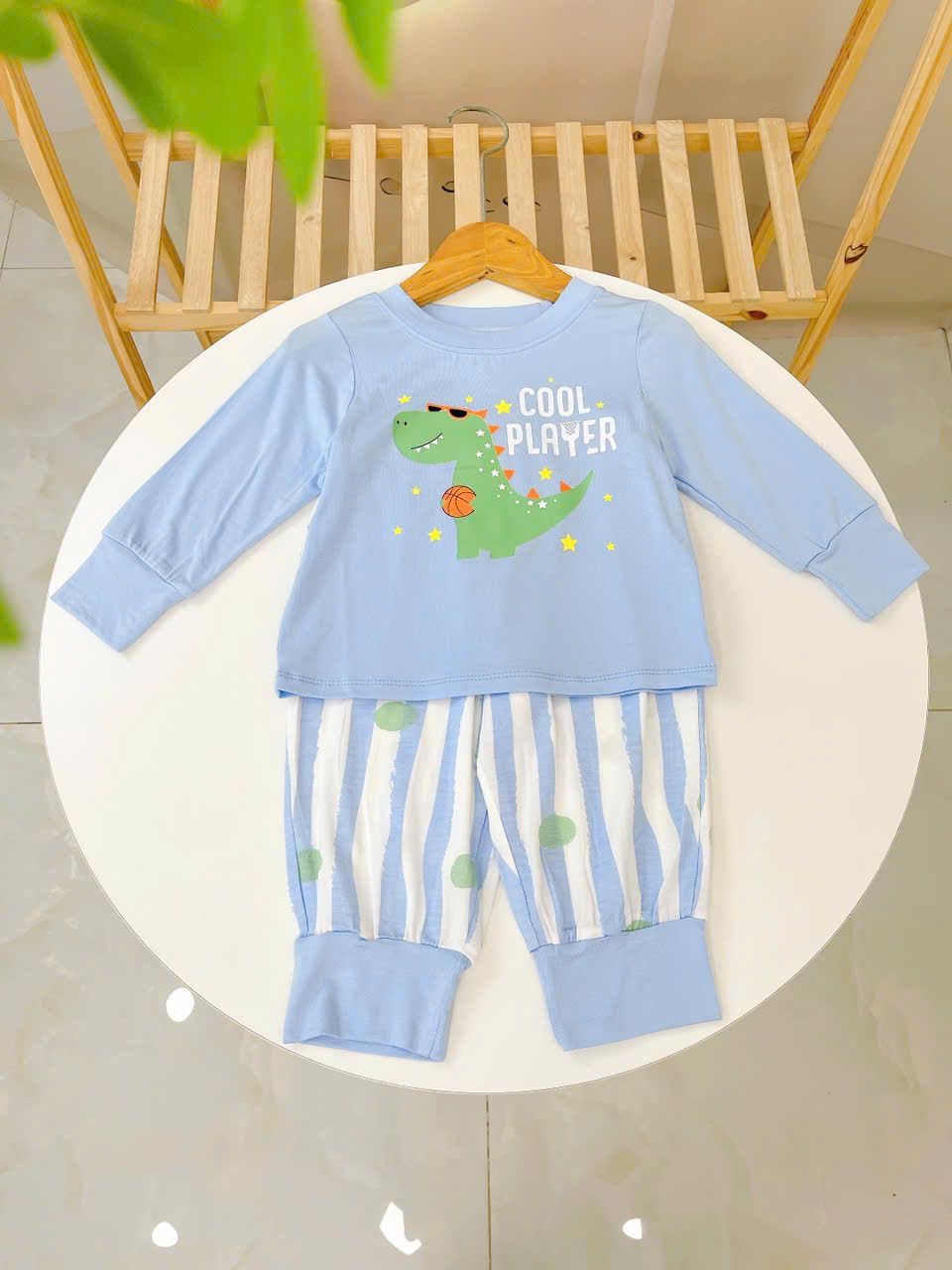  Bộ dài tay cho bé trai gái 95% sợi sồi Modal Ice Cool Lá Homewear A333, đồ ngủ cho bé bo tay chân hình khủng long, kitty 