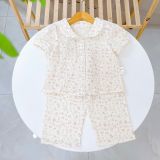  Đồ ngủ cho bé gái tay ngắn quần dài xô muslin Lá Homewear A319, pijama cổ sen viền ren hoa nhí xinh 