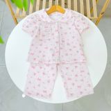  Đồ ngủ cho bé gái tay ngắn quần dài xô muslin Lá Homewear A319, pijama cổ sen viền ren hoa nhí xinh 