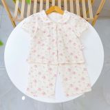  Đồ ngủ cho bé gái tay ngắn quần dài xô muslin Lá Homewear A319, pijama cổ sen viền ren hoa nhí xinh 
