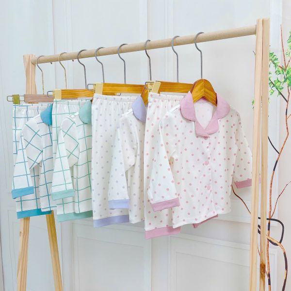  Pijama cho bé Lá Homewear A347, bộ dài tay mặc ngủ bé trai bé gái họa tiết kẻ chấm bi Lyocell Cotton mềm mướt thấm hút 