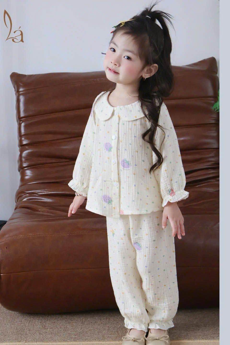  Bộ dài tay cho bé gái xô muslin A338, đồ ngủ cho bé babydoll họa tiết hoa thỏ dễ thương, quần bo chun thoải mái 