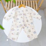  Pijama bé trai bé gái tay dài xô muslin Áo Lá Homewear A109, đồ ngủ bé trai xô đũi cổ tròn caro hình thú 