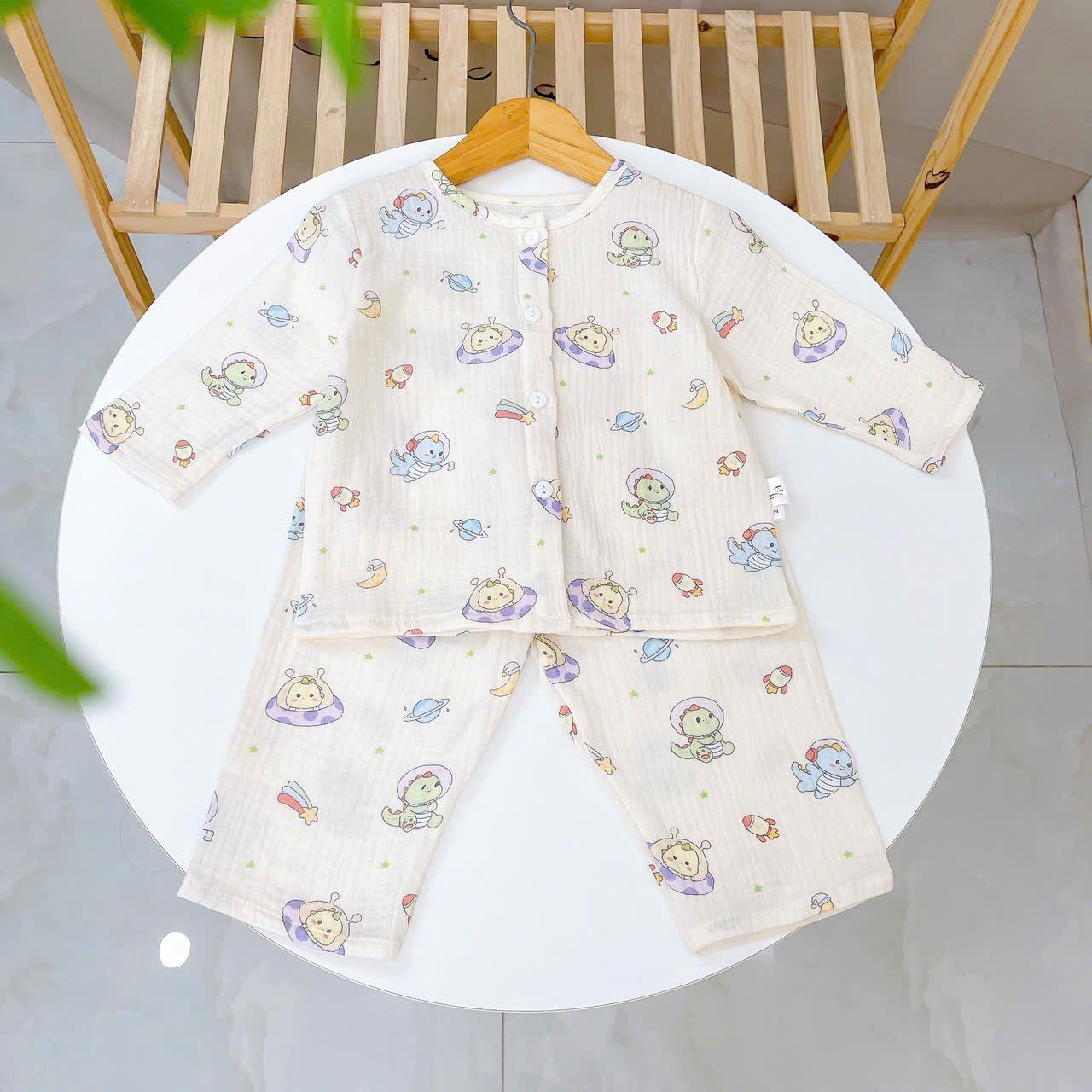  Pijama bé trai bé gái tay dài xô muslin Áo Lá Homewear A109, đồ ngủ bé trai xô đũi cổ tròn caro hình thú 