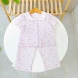  Đồ ngủ cho bé gái tay ngắn quần dài xô muslin Lá Homewear A319, pijama cổ sen viền ren hoa nhí xinh 