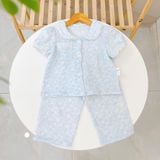  Đồ ngủ cho bé gái tay ngắn quần dài xô muslin Lá Homewear A319, pijama cổ sen viền ren hoa nhí xinh 
