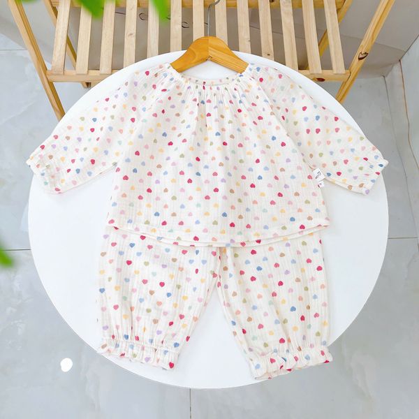  Pijama cho bé gái Lá Homewear A299 xô muslin nhẹ mát, đồ bộ dài tay cho bé cổ chun đính nơ xinh xắn 