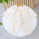  Pijama cho bé gái Lá Homewear A299 xô muslin nhẹ mát, đồ bộ dài tay cho bé cổ chun đính nơ xinh xắn 