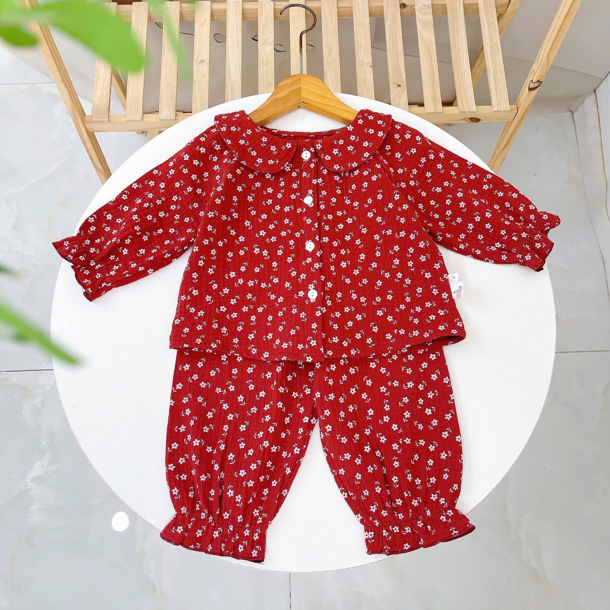  Bộ dài tay cho bé gái xô muslin A338, đồ ngủ cho bé babydoll họa tiết hoa thỏ dễ thương, quần bo chun thoải mái 