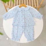  Bộ dài tay cho bé gái xô muslin A338, đồ ngủ cho bé babydoll họa tiết hoa thỏ dễ thương, quần bo chun thoải mái 