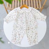  Bộ dài tay cho bé gái xô muslin A338, đồ ngủ cho bé babydoll họa tiết hoa thỏ dễ thương, quần bo chun thoải mái 