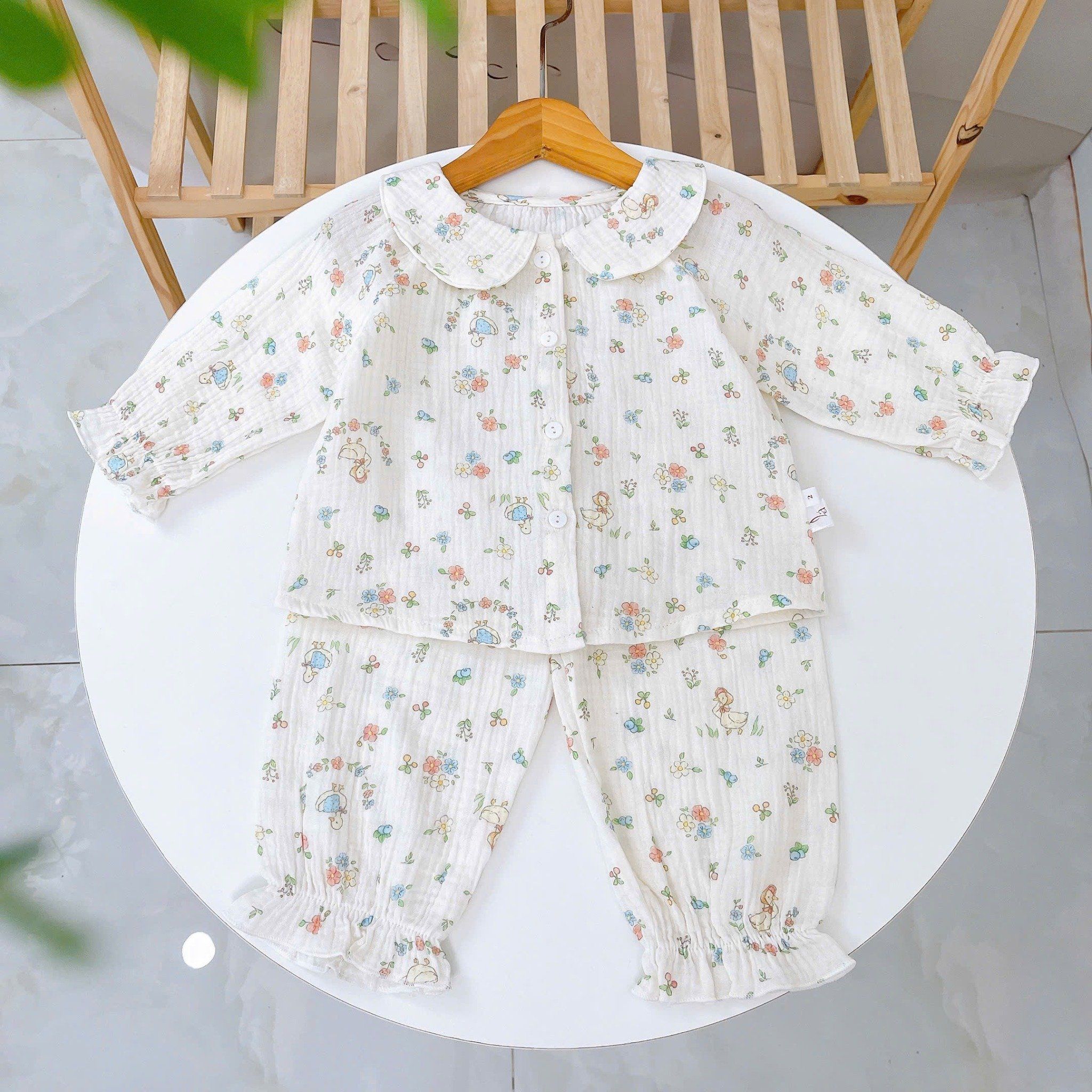  Bộ dài tay cho bé gái xô muslin A338, đồ ngủ cho bé babydoll họa tiết hoa thỏ dễ thương, quần bo chun thoải mái 