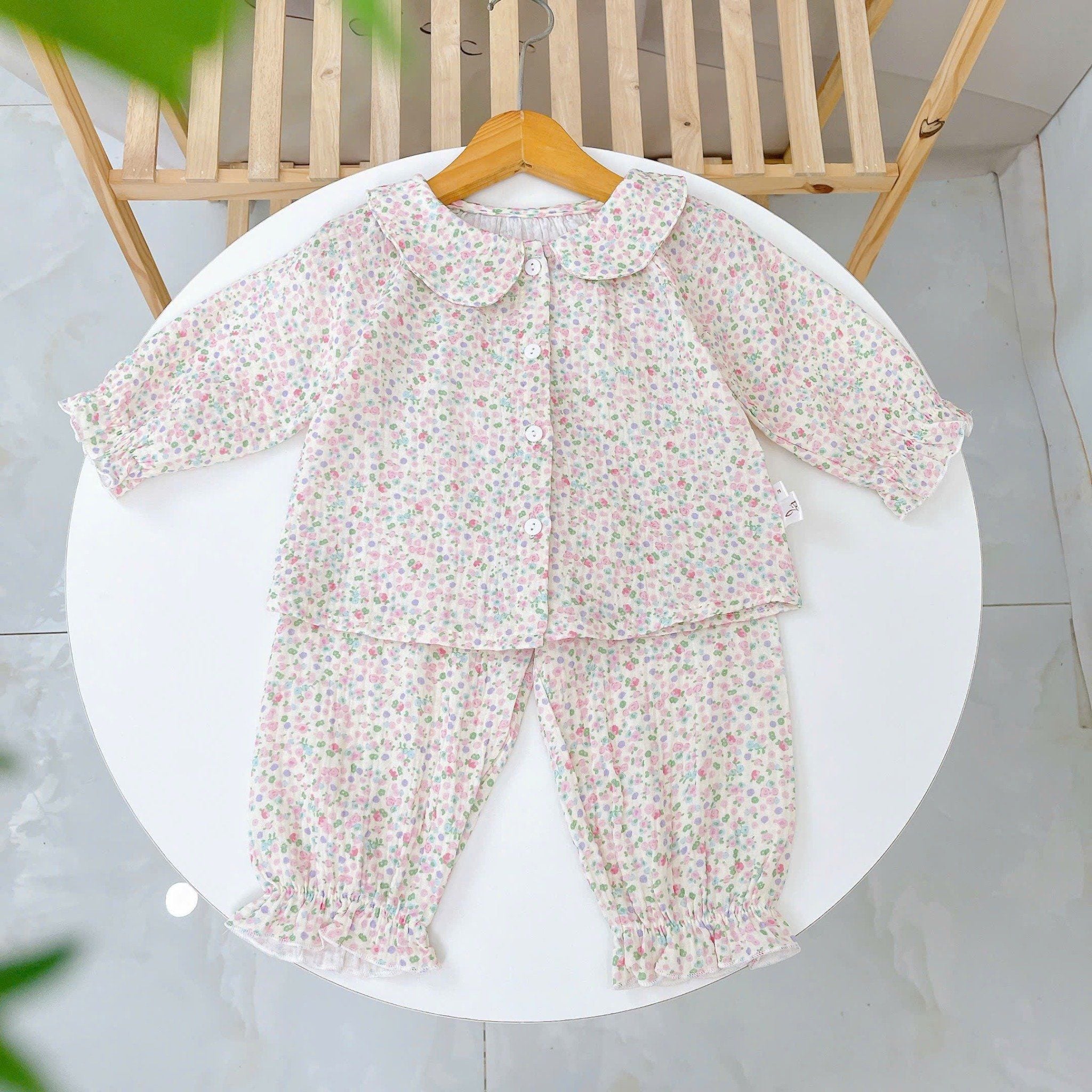  Bộ dài tay cho bé gái xô muslin A338, đồ ngủ cho bé babydoll họa tiết hoa thỏ dễ thương, quần bo chun thoải mái 