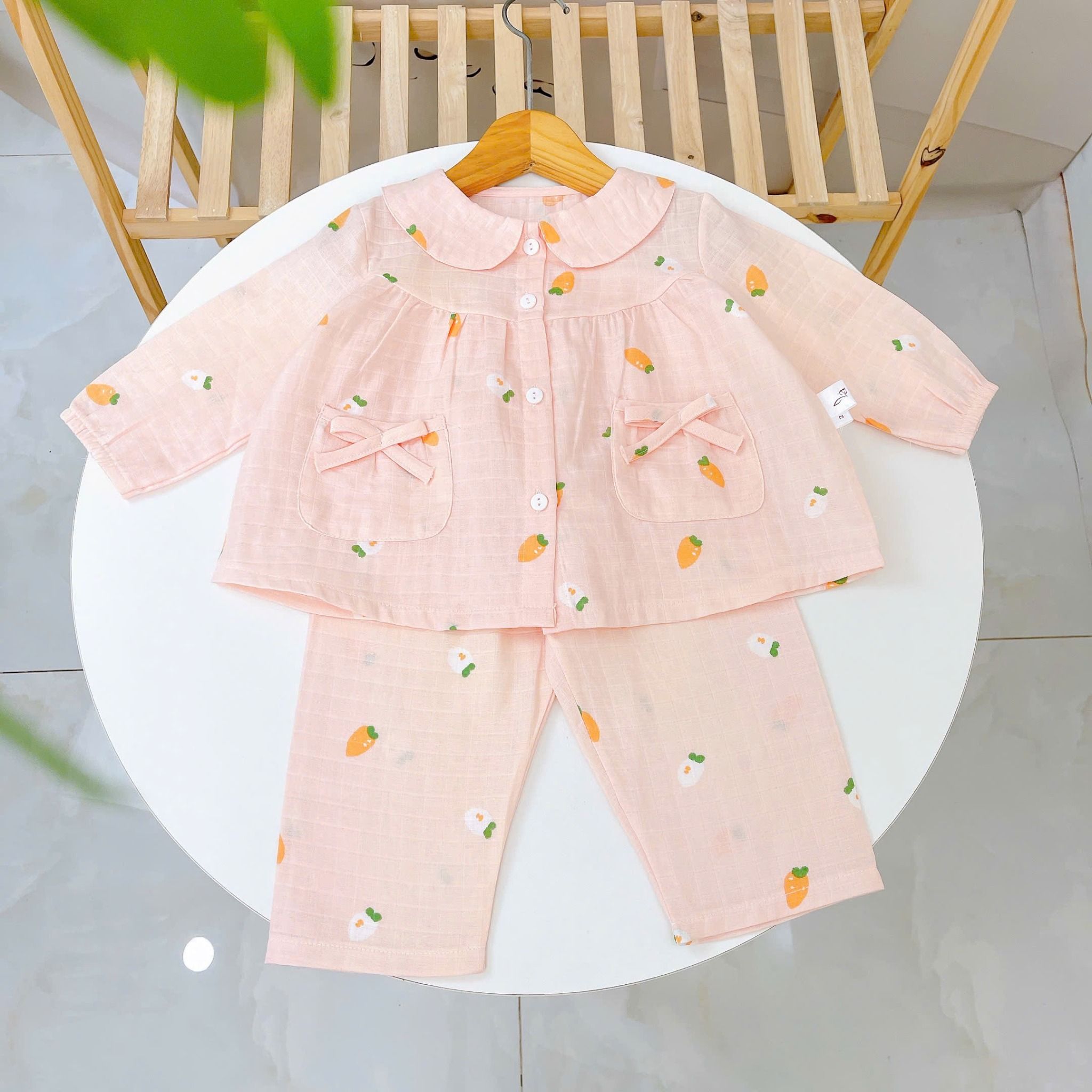  Pijama cho bé gái dài tay xô cotton Áo Lá Homewear A166, bộ dài tay bé gái babydoll mặc ngủ vải xô đũi mát bốn mùa 