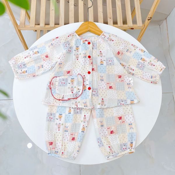  Pijama bé gái xô muslin Áo Lá Homewear A096, đồ bộ dài tay bé gái mặc ngủ xô đũi 