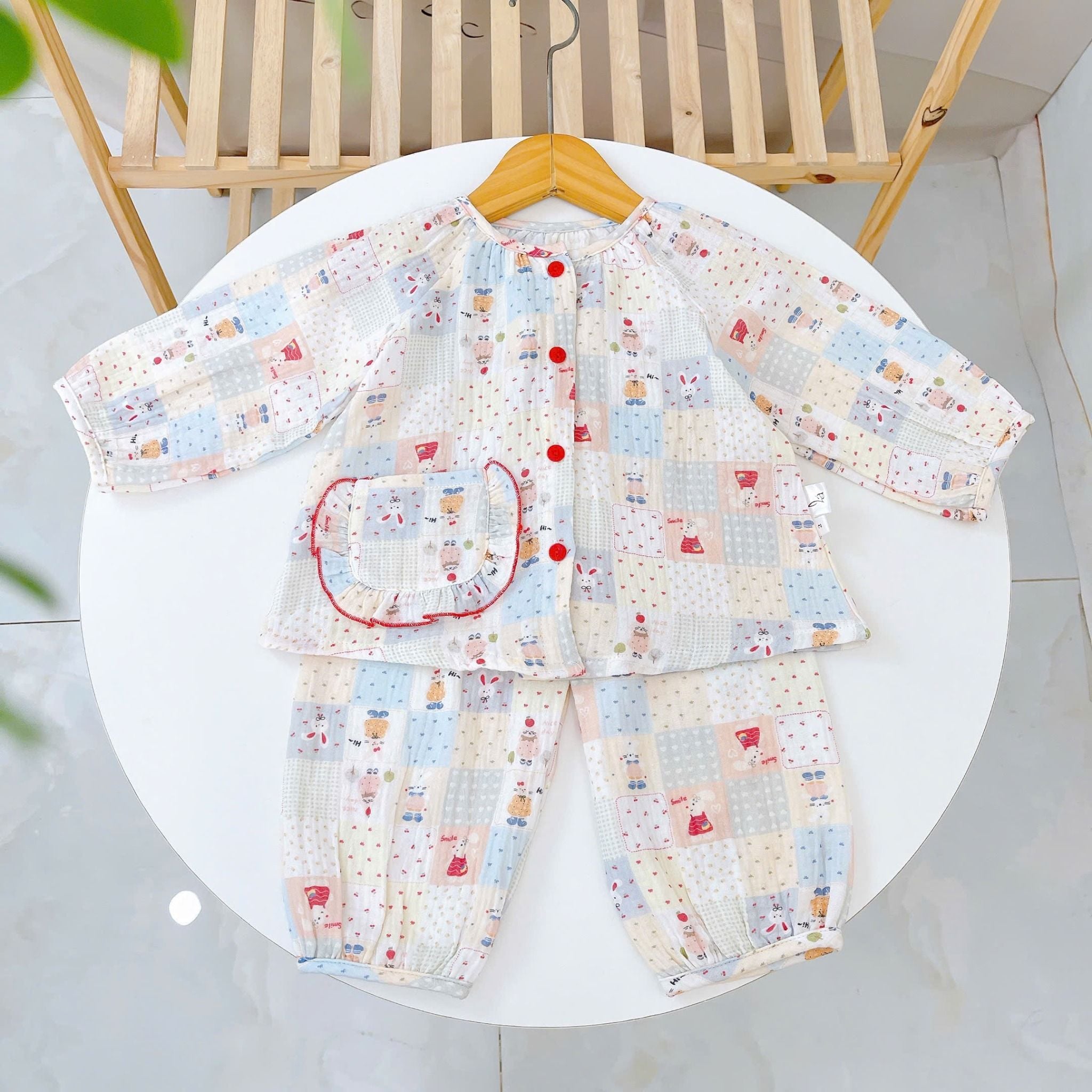  Pijama bé gái xô muslin Áo Lá Homewear A096, đồ bộ dài tay bé gái mặc ngủ xô đũi 