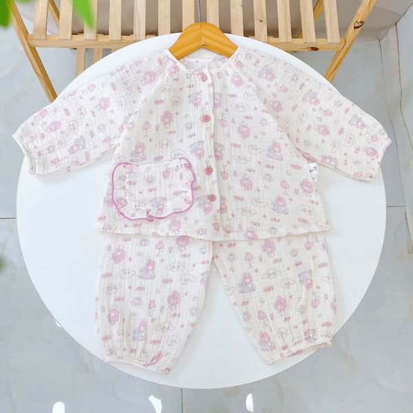  Pijama bé gái xô muslin Áo Lá Homewear A096, đồ bộ dài tay bé gái mặc ngủ xô đũi 
