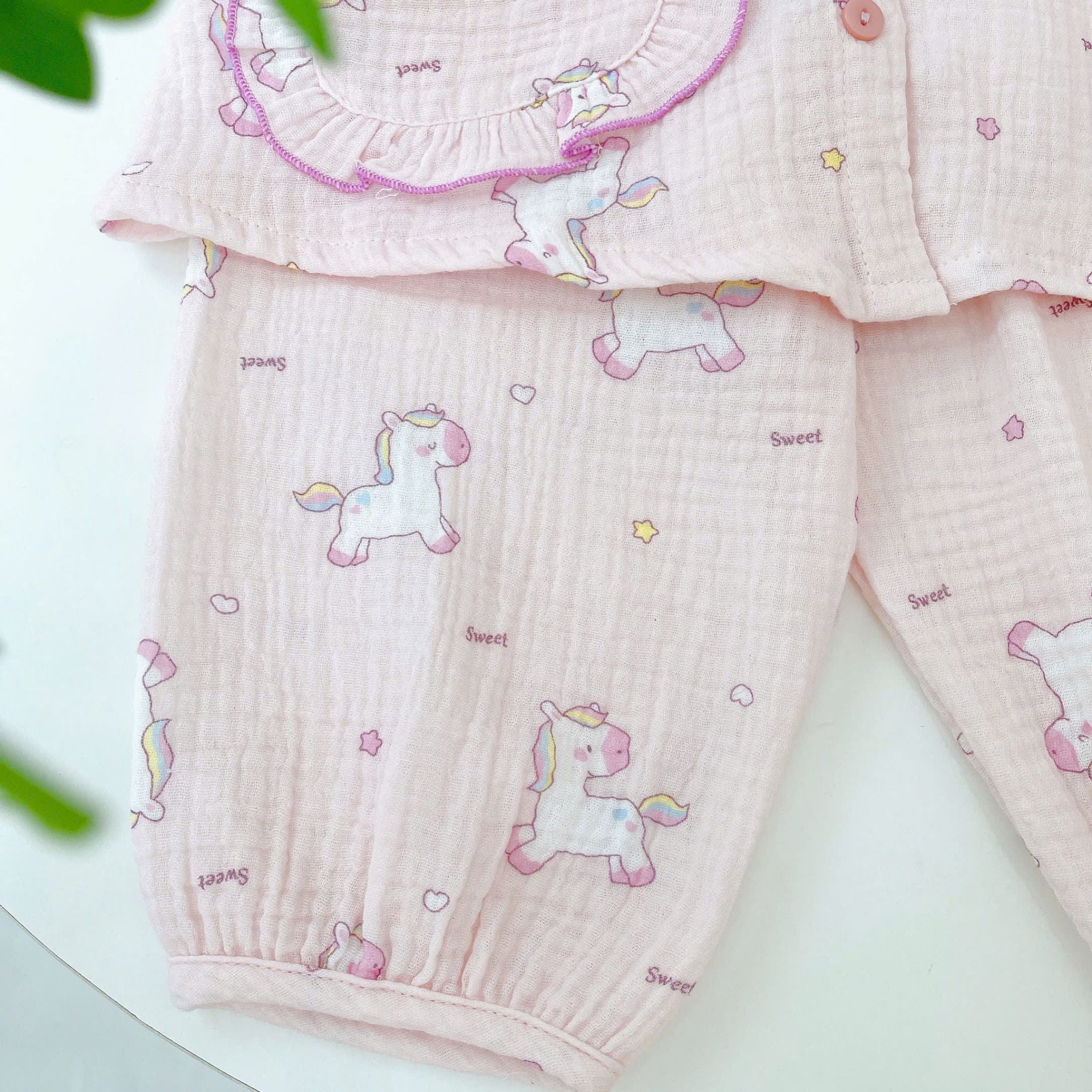  Pijama bé gái xô muslin Áo Lá Homewear A096, đồ bộ dài tay bé gái mặc ngủ xô đũi 