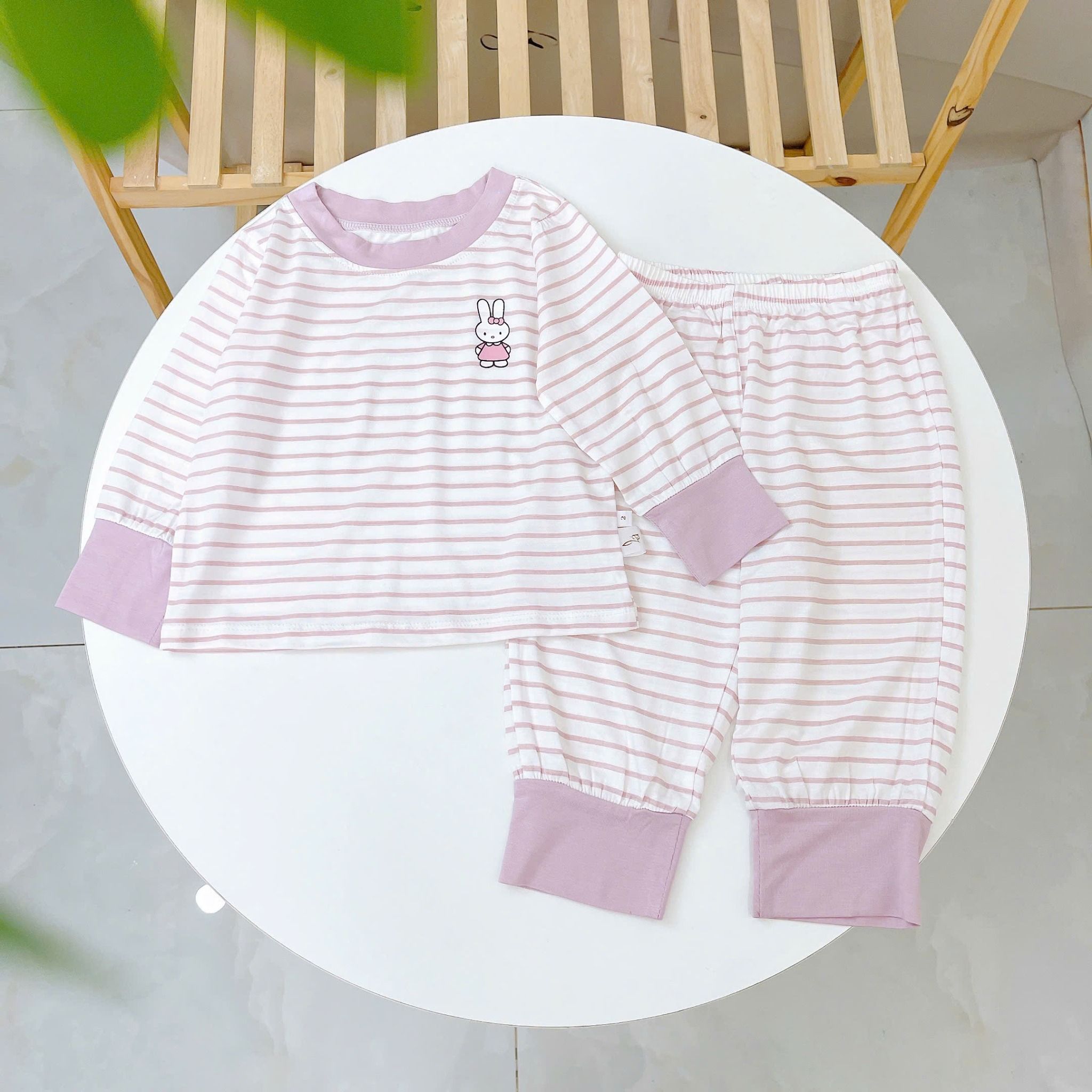  Bộ dài tay cho bé 95% sợi sồi Modal Ice Cool Lá Homewear A340, đồ bô ngủ trai gái mát mềm sọc ngang pastel xinh xắn 