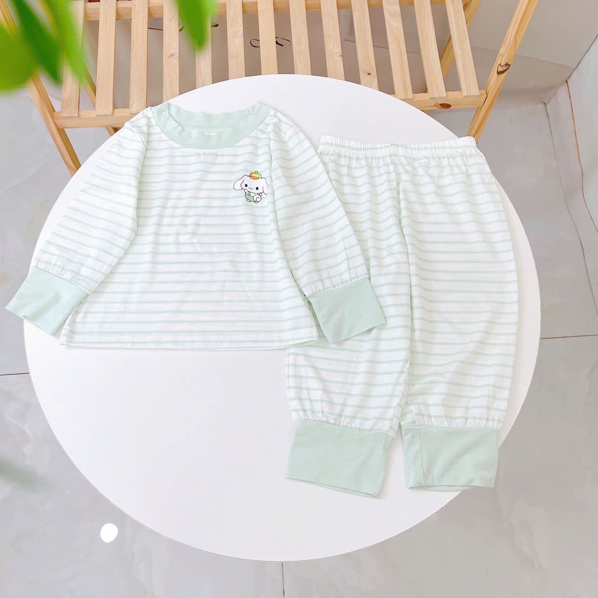  Bộ dài tay cho bé 95% sợi sồi Modal Ice Cool Lá Homewear A340, đồ bô ngủ trai gái mát mềm sọc ngang pastel xinh xắn 