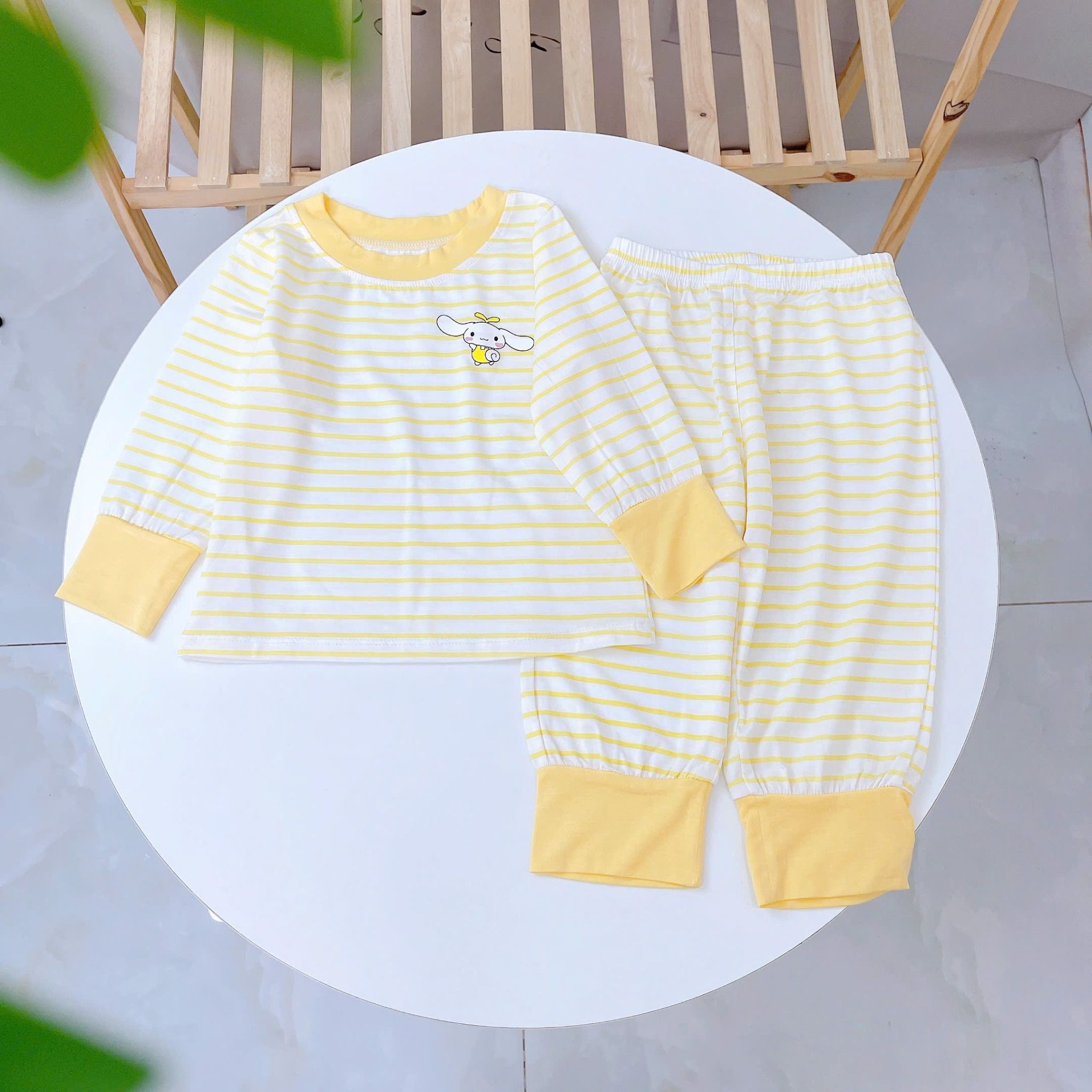  Bộ dài tay cho bé 95% sợi sồi Modal Ice Cool Lá Homewear A340, đồ bô ngủ trai gái mát mềm sọc ngang pastel xinh xắn 