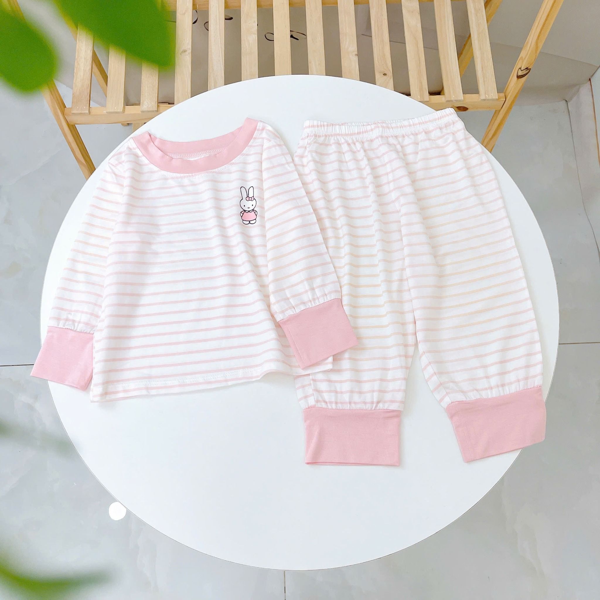  Bộ dài tay cho bé 95% sợi sồi Modal Ice Cool Lá Homewear A340, đồ bô ngủ trai gái mát mềm sọc ngang pastel xinh xắn 