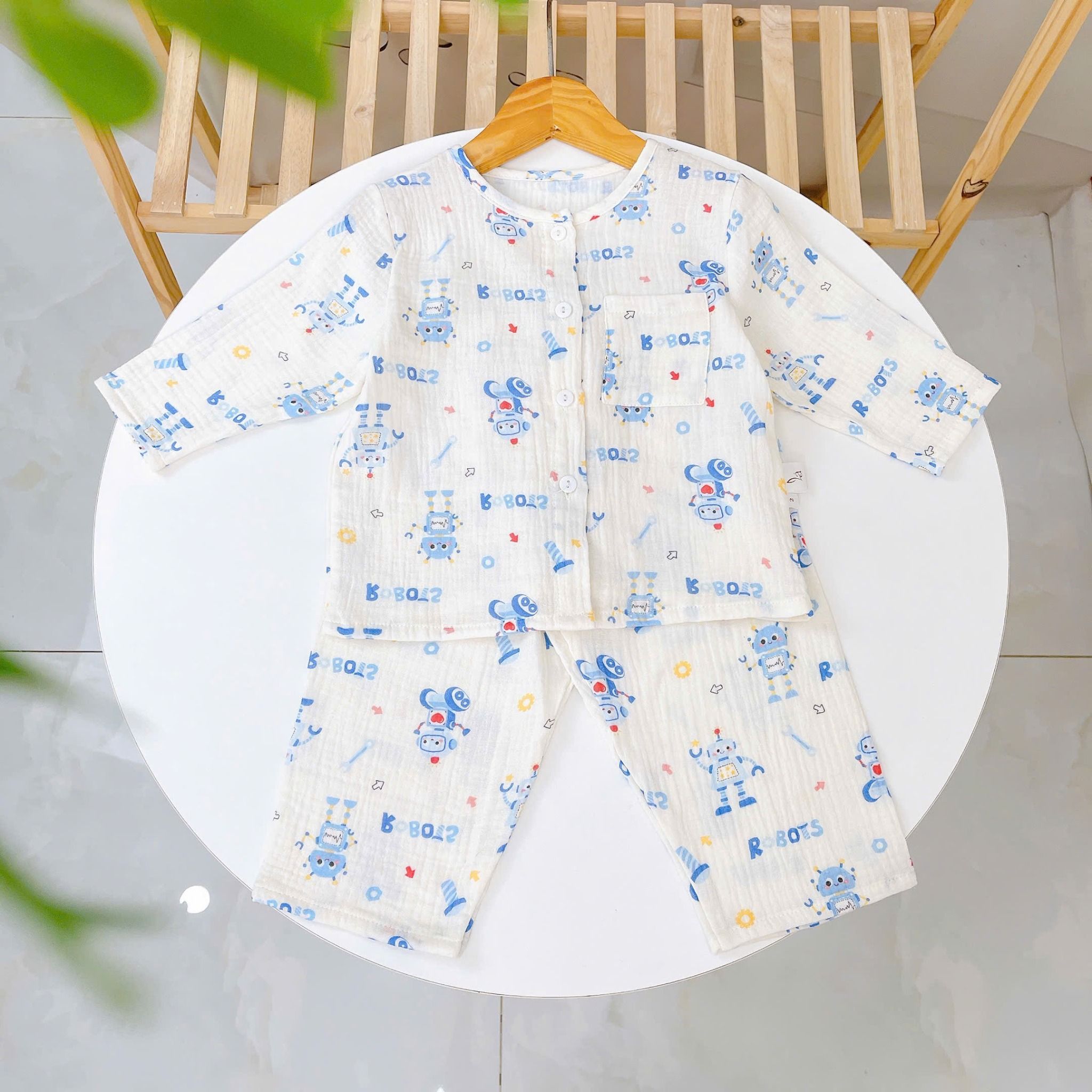  Pijama bé trai bé gái tay dài xô muslin Áo Lá Homewear A109, đồ ngủ bé trai xô đũi cổ tròn caro hình thú 