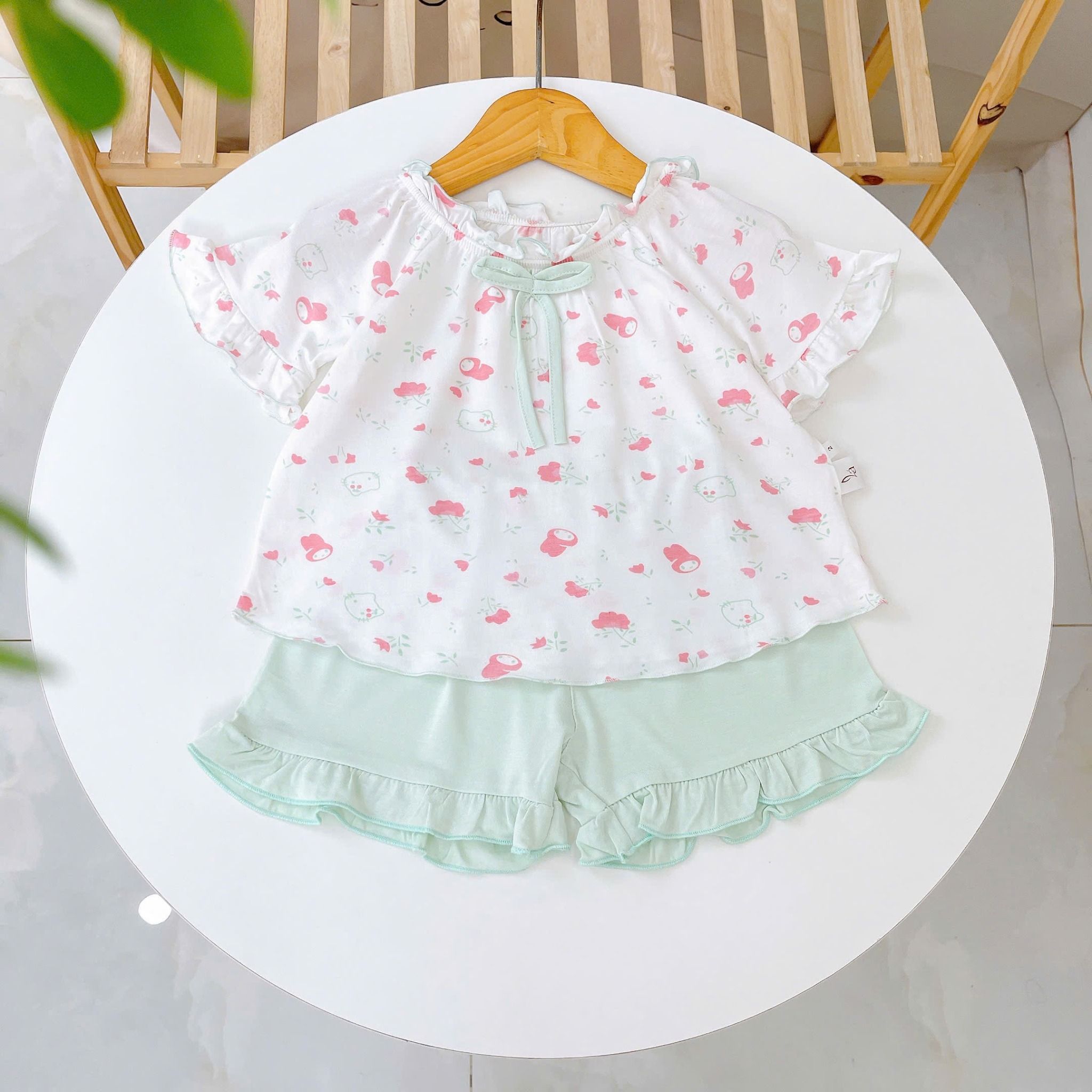  Bộ hè bé gái 95% sợi sồi Modal Ice Cool Lá Homewear A247 mềm mát lạnh, bộ cộc tay bé gái kuromi quần đùi babydoll 