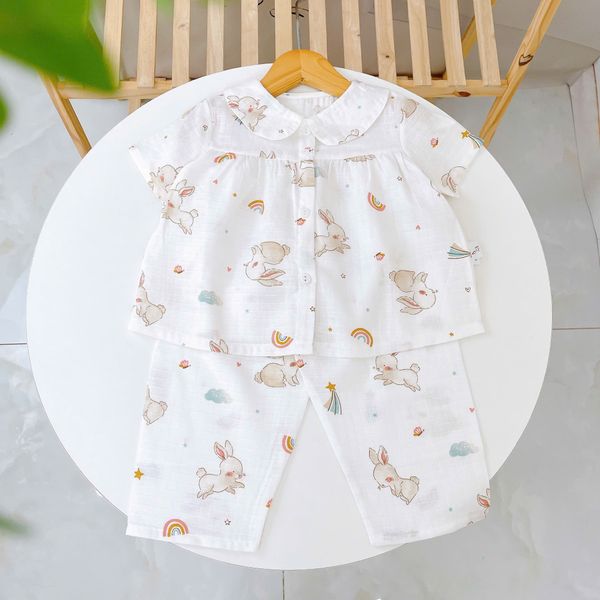  Pijama cho bé gái tay ngắn quần dài vải xô cotton Lá Homewear A378, đồ bộ xô bé gái babydoll họa tiết dễ thương 