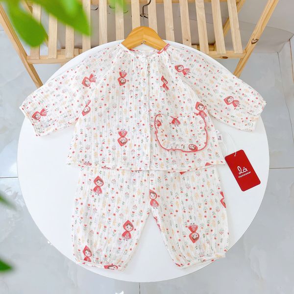  Pijama bé gái xô muslin Áo Lá Homewear A096, đồ bộ dài tay bé gái mặc ngủ xô đũi 