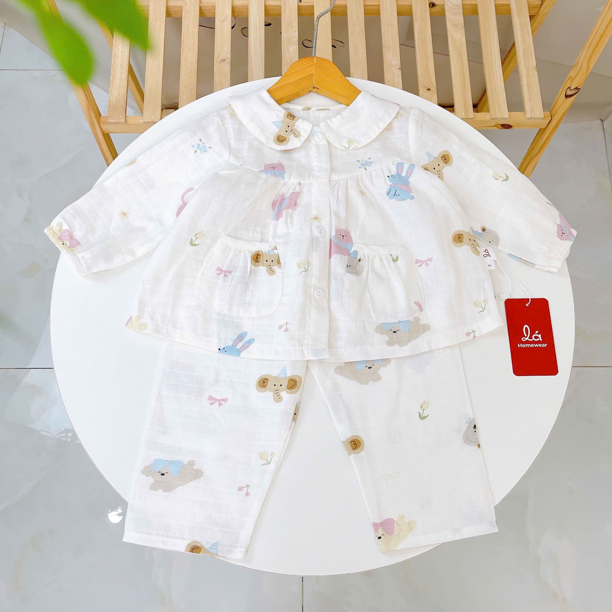  Pijama cho bé gái dài tay xô cotton Áo Lá Homewear A166, bộ dài tay bé gái babydoll mặc ngủ vải xô đũi mát bốn mùa 