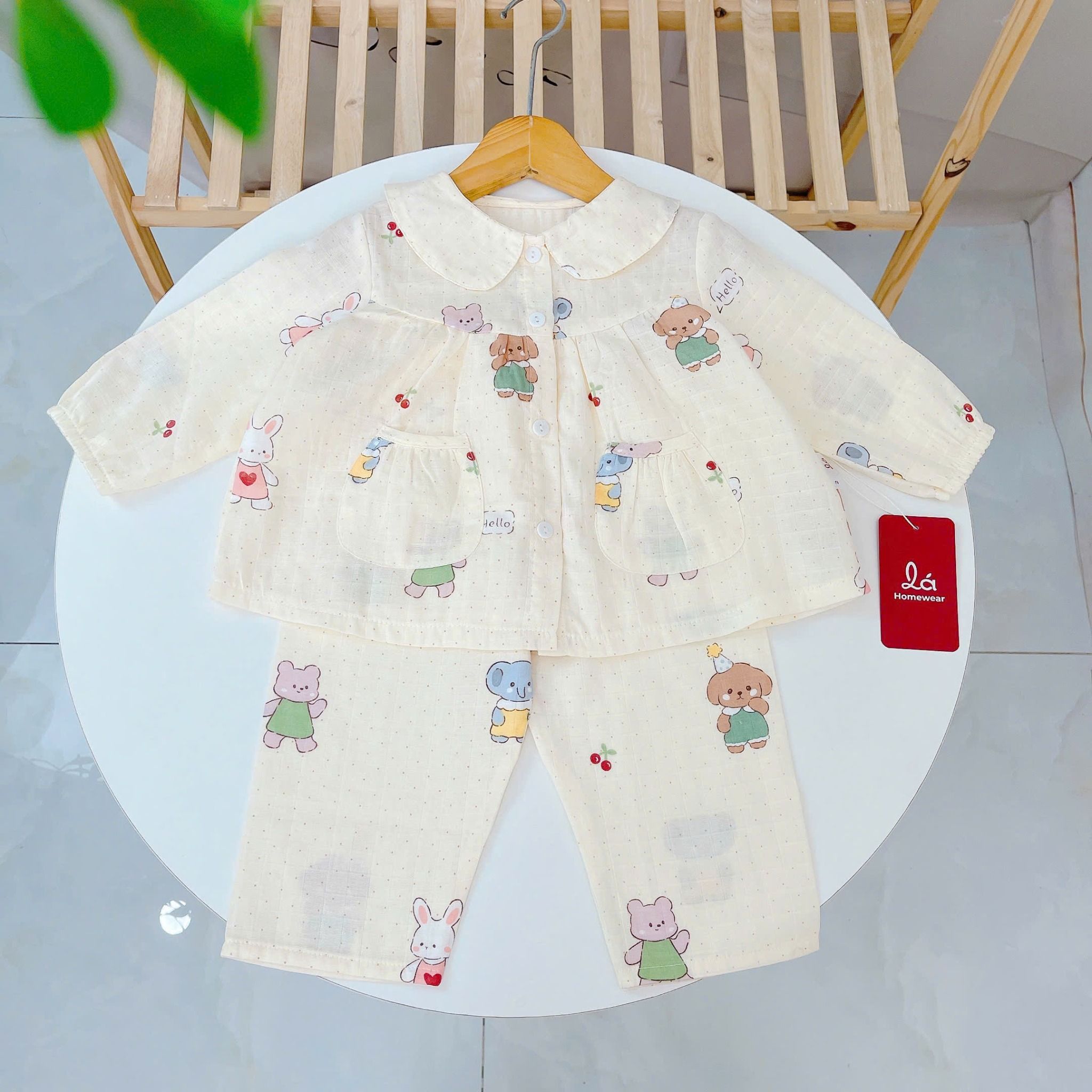  Pijama cho bé gái dài tay xô cotton Áo Lá Homewear A166, bộ dài tay bé gái babydoll mặc ngủ vải xô đũi mát bốn mùa 
