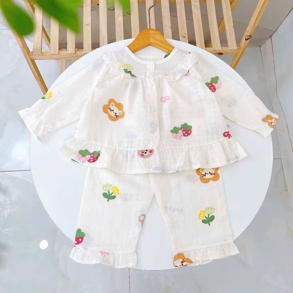  Pijama cho bé gái Lá Homewear XCL16, đồ ngủ trẻ em vải xô cotton, bộ dài tay mặc ngủ mềm mát 