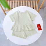  Bộ đùi bé gái chấm bi Lá Homewear LC02, đồ bộ cộc tay bé gái vải Lyocell Cotton phối bèo dễ thương 